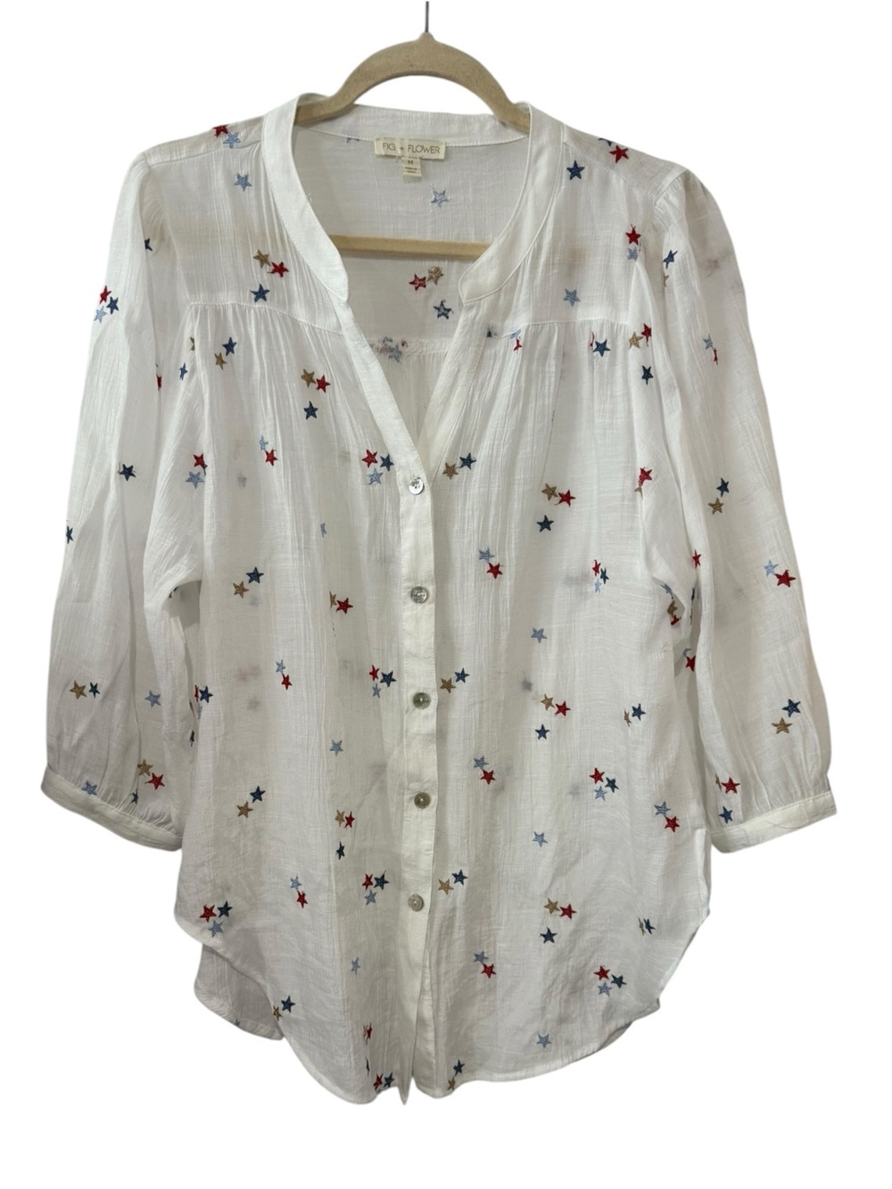 Fig + Flower Embroidered Star White Button Down Blouse Semi Sheer Boho Medium
